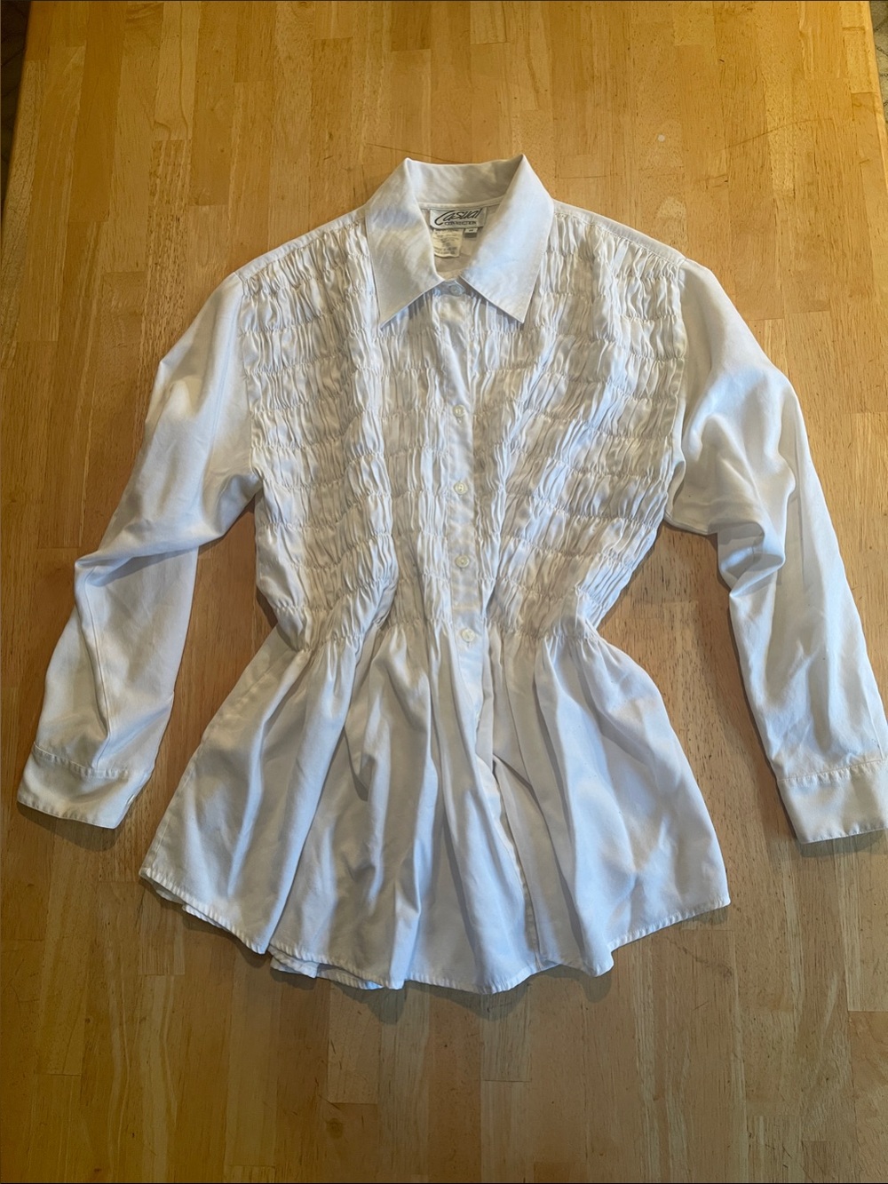Vintage White Smocked Peplum Button-Up Blouse